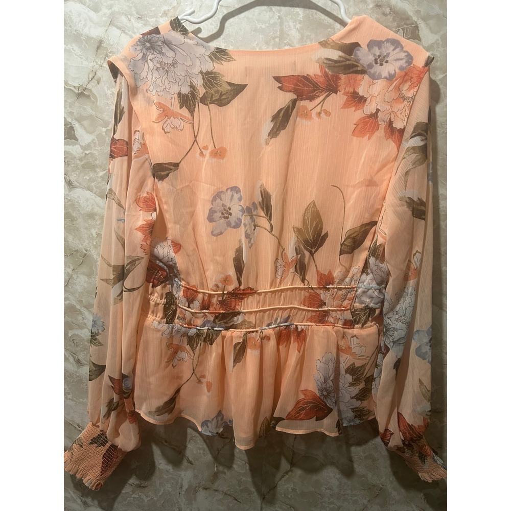 White House Black Market Romantic Blouse Orange Floral Smocked Top M 570359960 - Picture 4 of 7